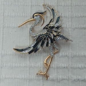 Rhinestone & Black Enamel Flamingo Brooch/Pin